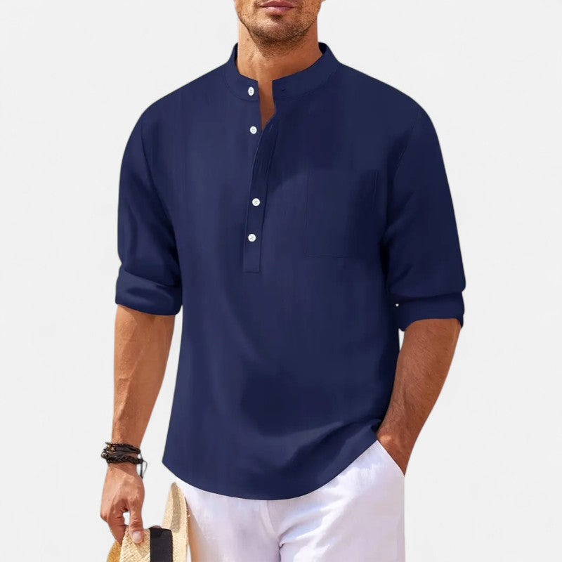 "Chemise homme col mao coton-lin, manches retroussables, élégante et confortable, style casual chic pour l'été"