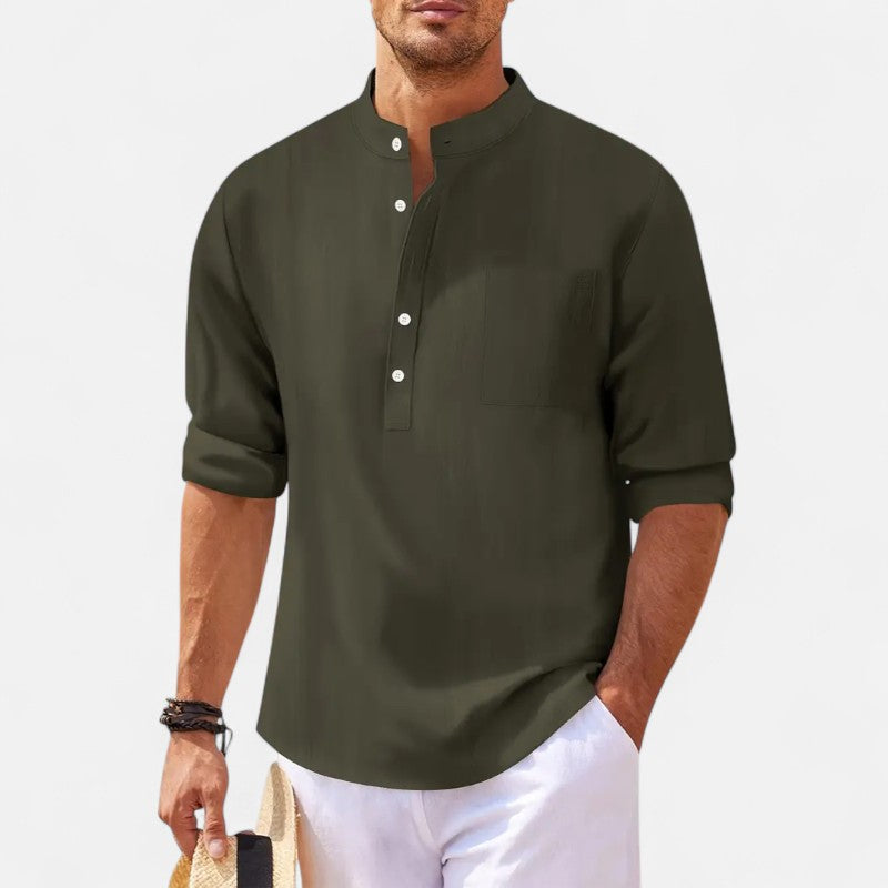 "Chemise homme col mao coton-lin, manches retroussables, élégante et confortable, style casual chic pour l'été"