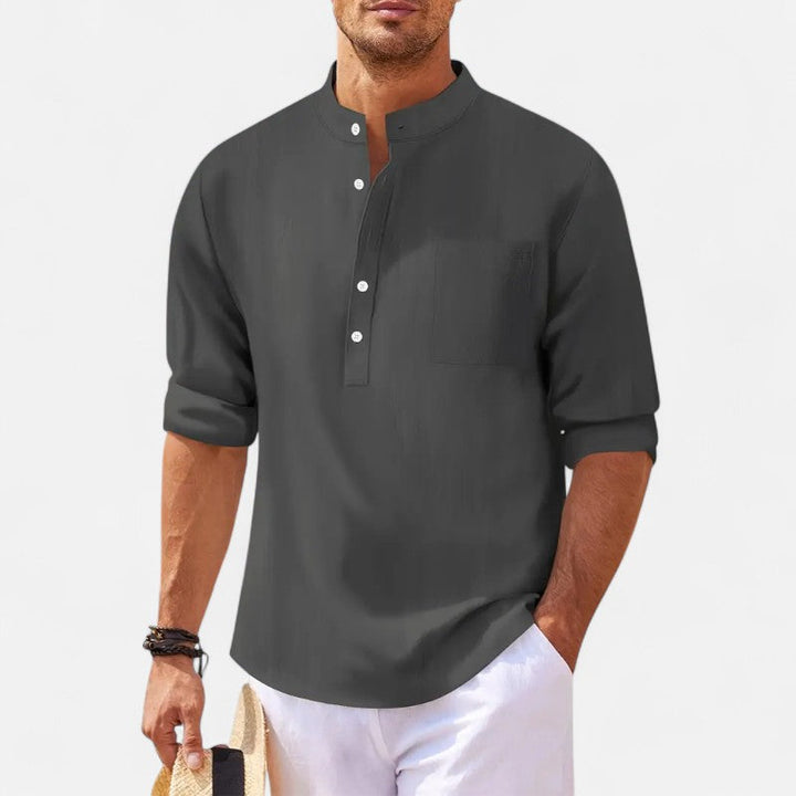 "Chemise homme col mao coton-lin, manches retroussables, élégante et confortable, style casual chic pour l'été"