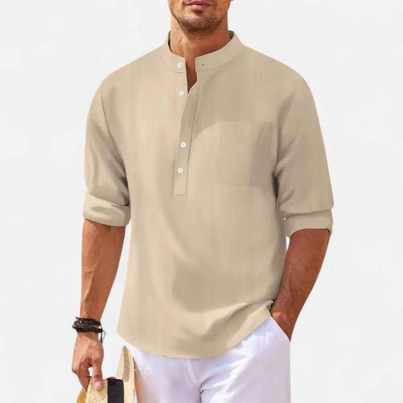 "Chemise homme col mao coton-lin, manches retroussables, élégante et confortable, style casual chic pour l'été"