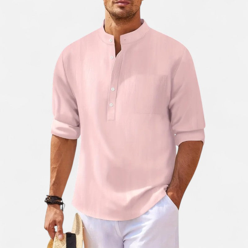 "Chemise homme col mao coton-lin, manches retroussables, élégante et confortable, style casual chic pour l'été"