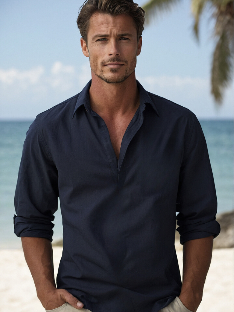 "Chemise homme col ouvert décontractée navy bleu élégante, coupe fluide pour style estival chic et confortable"