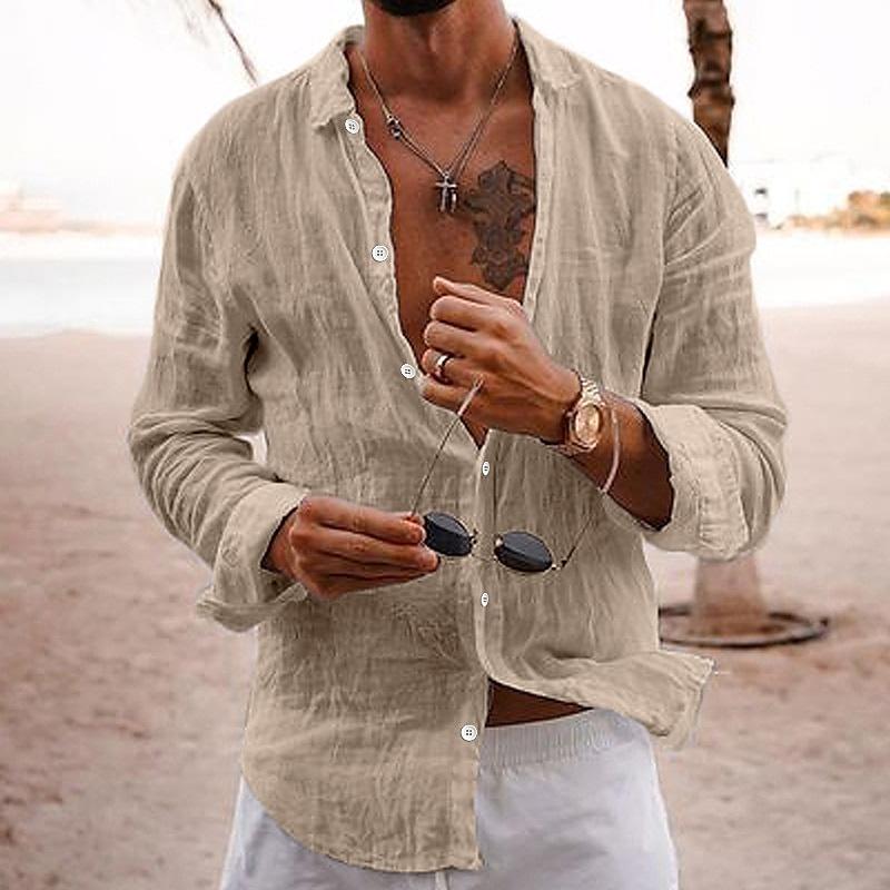 "Chemise homme coton-lin, style décontracté intemporel, portée par un mannequin, couleurs variées"