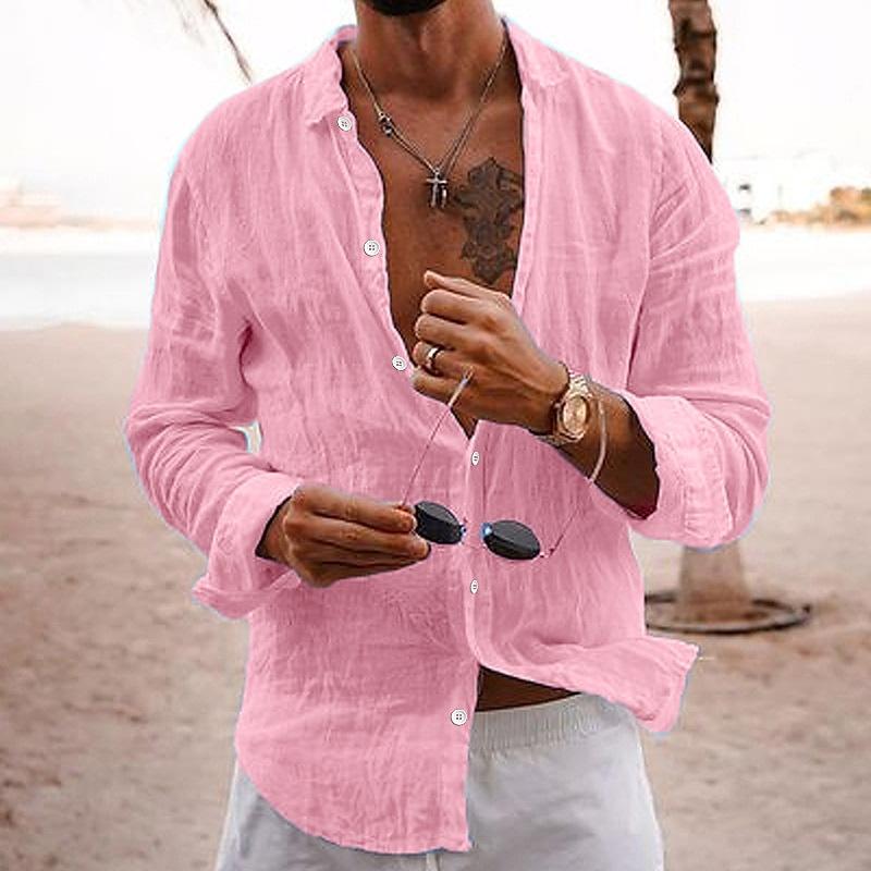 "Chemise homme coton-lin, style décontracté intemporel, portée par un mannequin, couleurs variées"