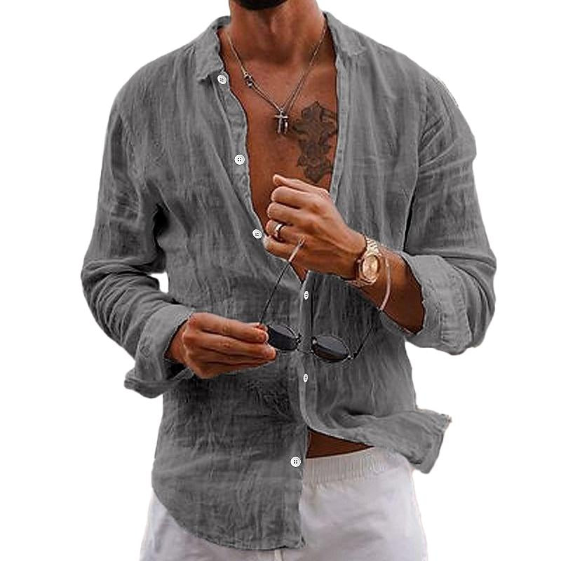 "Chemise homme coton-lin, style décontracté intemporel, portée par un mannequin, couleurs variées"