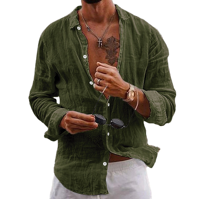 "Chemise homme coton-lin, style décontracté intemporel, portée par un mannequin, couleurs variées"