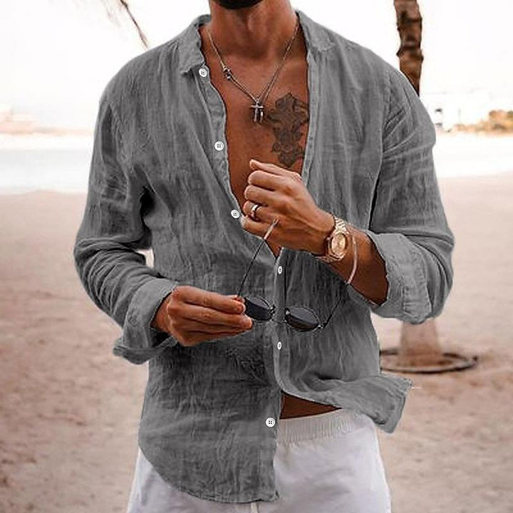 "Chemise homme coton-lin, style décontracté intemporel, portée par un mannequin, couleurs variées"