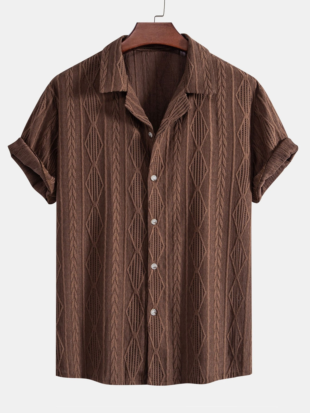 "Chemise homme décontractée en jacquard, texture élégante, coupe moderne, disponible beige, café, noir"