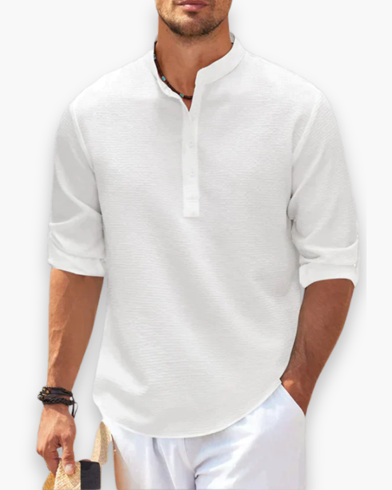 "Chemise homme élégante, col mao, moderne et fluide, idéale pour sorties décontractées et occasions formelles."