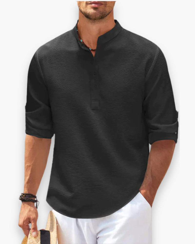 "Chemise homme élégante, col mao, moderne et fluide, idéale pour sorties décontractées et occasions formelles."