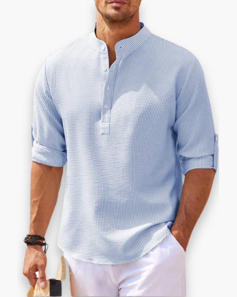 "Chemise homme élégante, col mao, moderne et fluide, idéale pour sorties décontractées et occasions formelles."