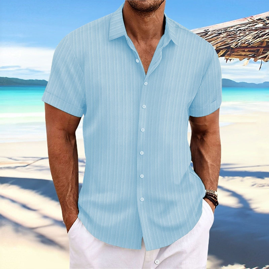 "Chemise homme élégante, manches longues, rayures, coton et lin, idéale pour style formel ou décontracté."