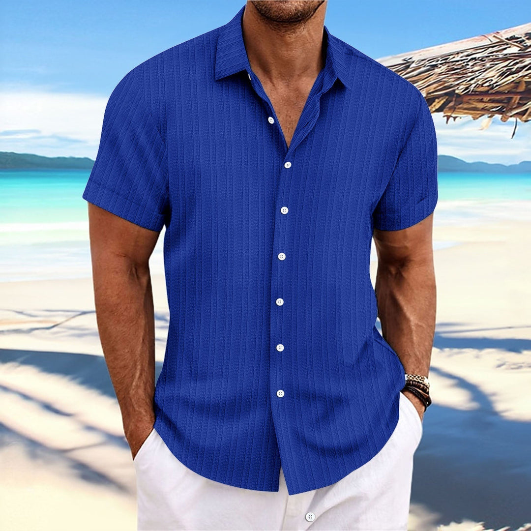 "Chemise homme élégante, manches longues, rayures, coton et lin, idéale pour style formel ou décontracté."