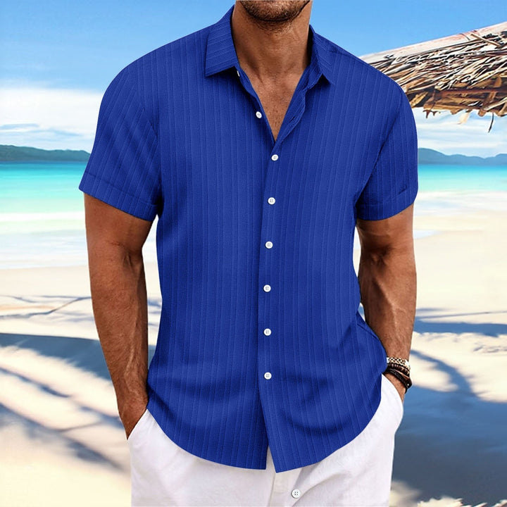 "Chemise homme élégante, manches longues, rayures, coton et lin, idéale pour style formel ou décontracté."