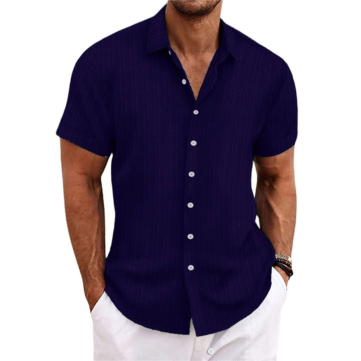 "Chemise homme élégante, manches longues, rayures, coton et lin, idéale pour style formel ou décontracté."