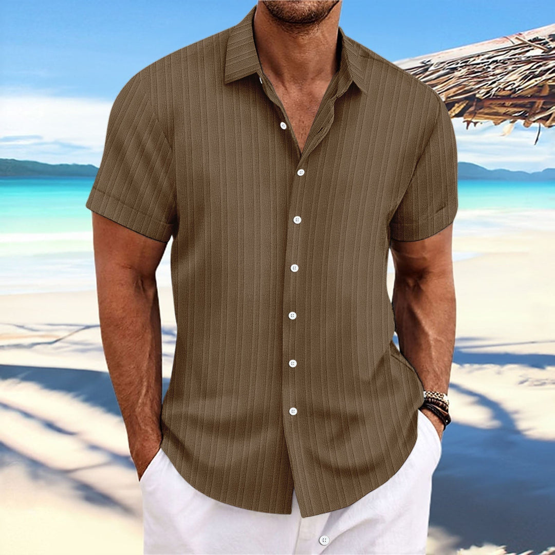 "Chemise homme élégante, manches longues, rayures, coton et lin, idéale pour style formel ou décontracté."