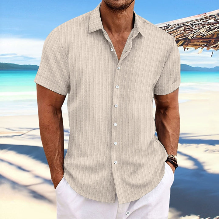 "Chemise homme élégante, manches longues, rayures, coton et lin, idéale pour style formel ou décontracté."