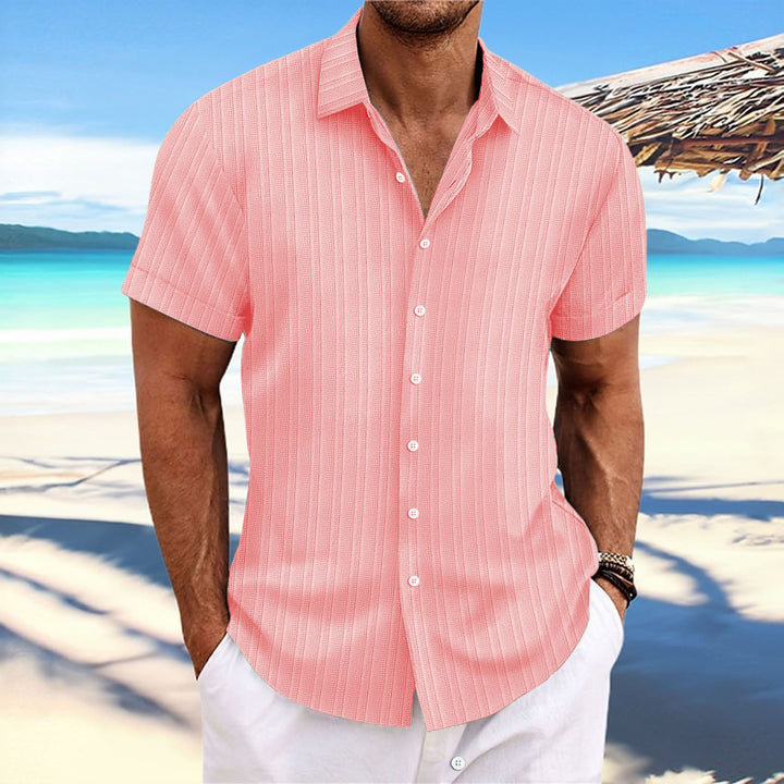 "Chemise homme élégante, manches longues, rayures, coton et lin, idéale pour style formel ou décontracté."