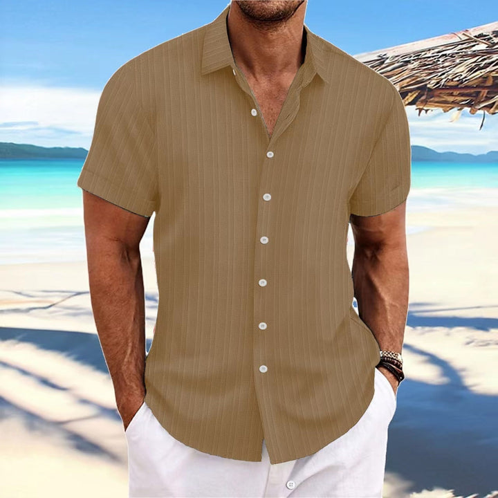 "Chemise homme élégante, manches longues, rayures, coton et lin, idéale pour style formel ou décontracté."