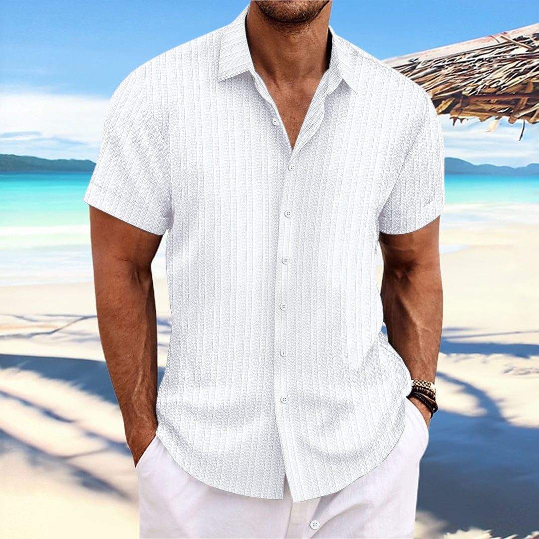 "Chemise homme élégante, manches longues, rayures, coton et lin, idéale pour style formel ou décontracté."