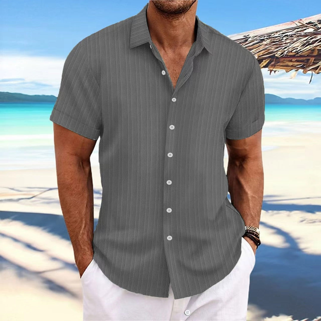 "Chemise homme élégante, manches longues, rayures, coton et lin, idéale pour style formel ou décontracté."