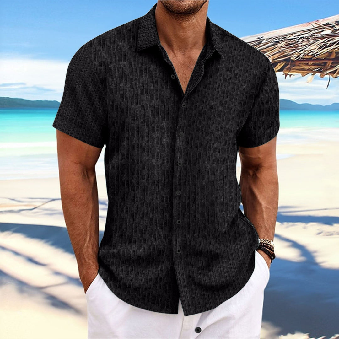 "Chemise homme élégante, manches longues, rayures, coton et lin, idéale pour style formel ou décontracté."