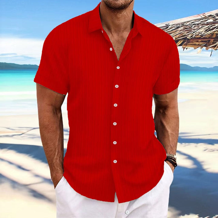 "Chemise homme élégante, manches longues, rayures, coton et lin, idéale pour style formel ou décontracté."