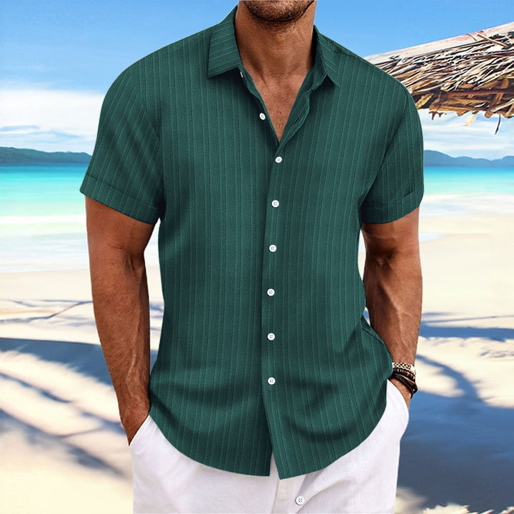 "Chemise homme élégante, manches longues, rayures, coton et lin, idéale pour style formel ou décontracté."