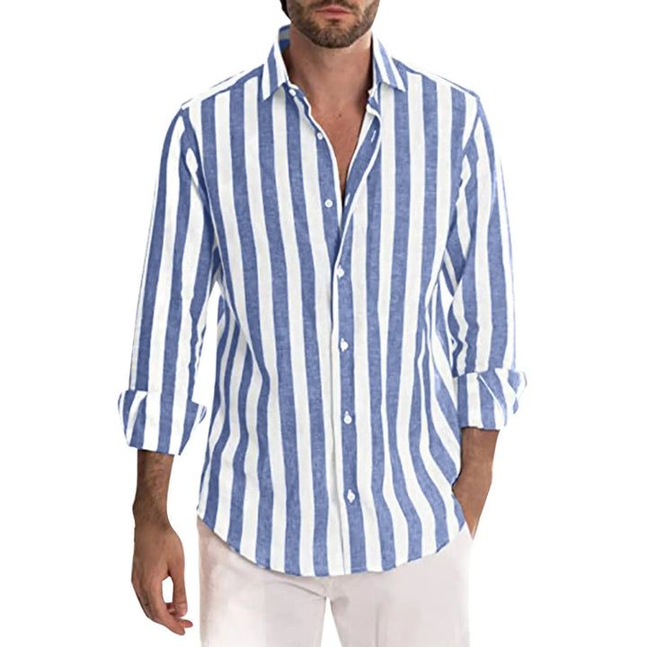 Chemise homme en lin à rayures, manches longues, col boutonné, coupe ample, idéale pour un style décontracté et chic.