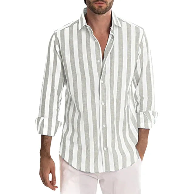 Chemise homme en lin à rayures, manches longues, col boutonné, coupe ample, idéale pour un style décontracté et chic.