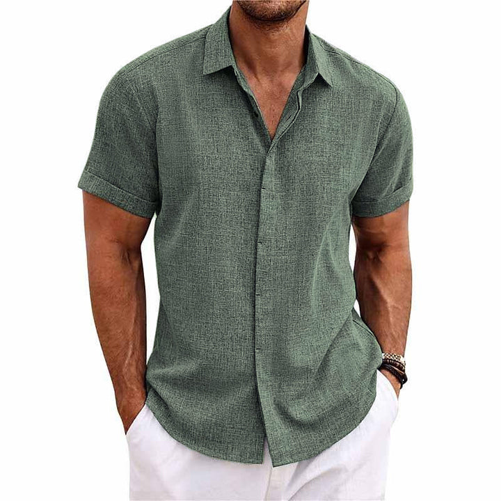 "Chemise homme en lin et coton, col à revers, respirante et élégante, idéale pour l'été, style moderne et confortable."