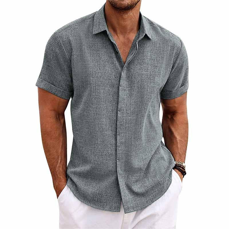 "Chemise homme en lin et coton, manches courtes, col uni, estivale, couleurs variées, élégante et légère pour l'été"