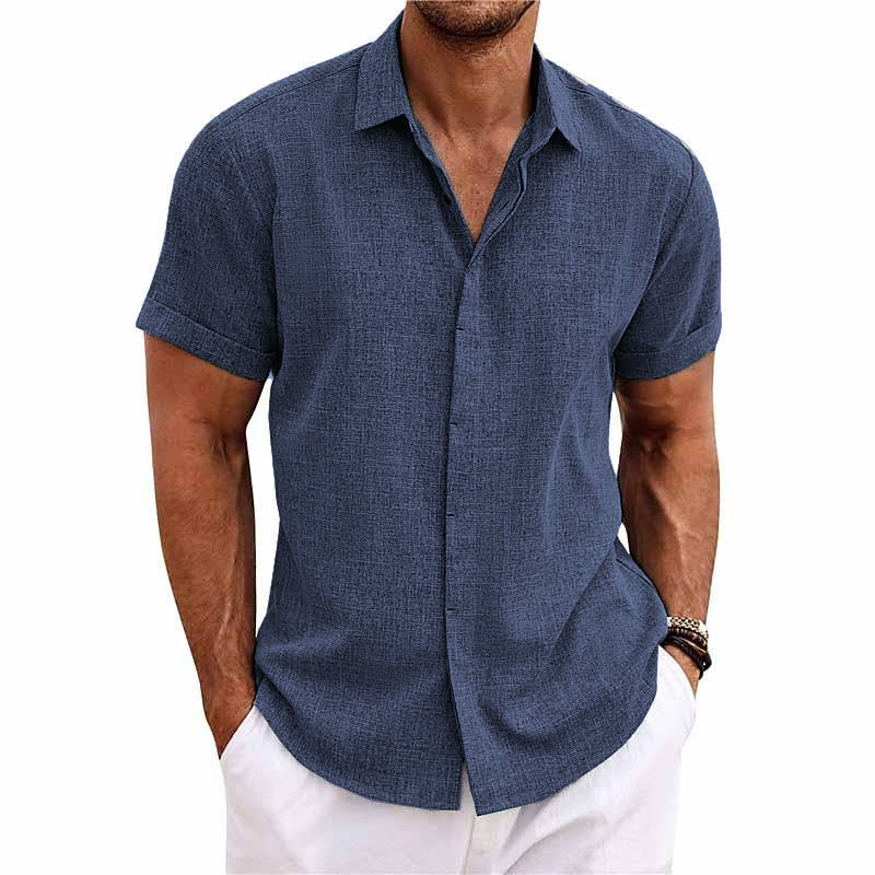 "Chemise homme en lin et coton, manches courtes, col uni, estivale, couleurs variées, élégante et légère pour l'été"