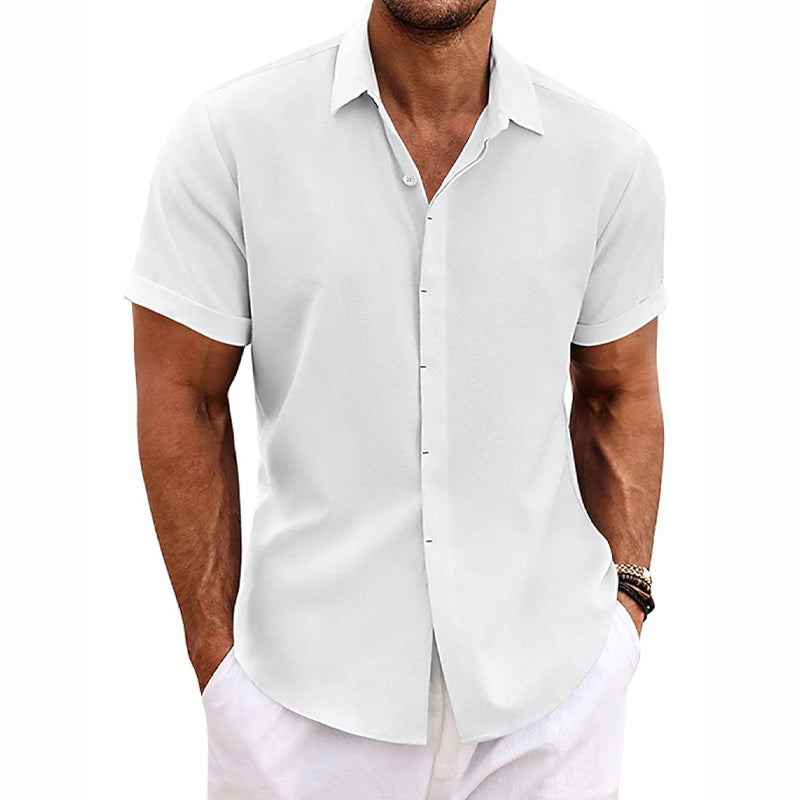 "Chemise homme en lin et coton, manches courtes, col uni, estivale, couleurs variées, élégante et légère pour l'été"