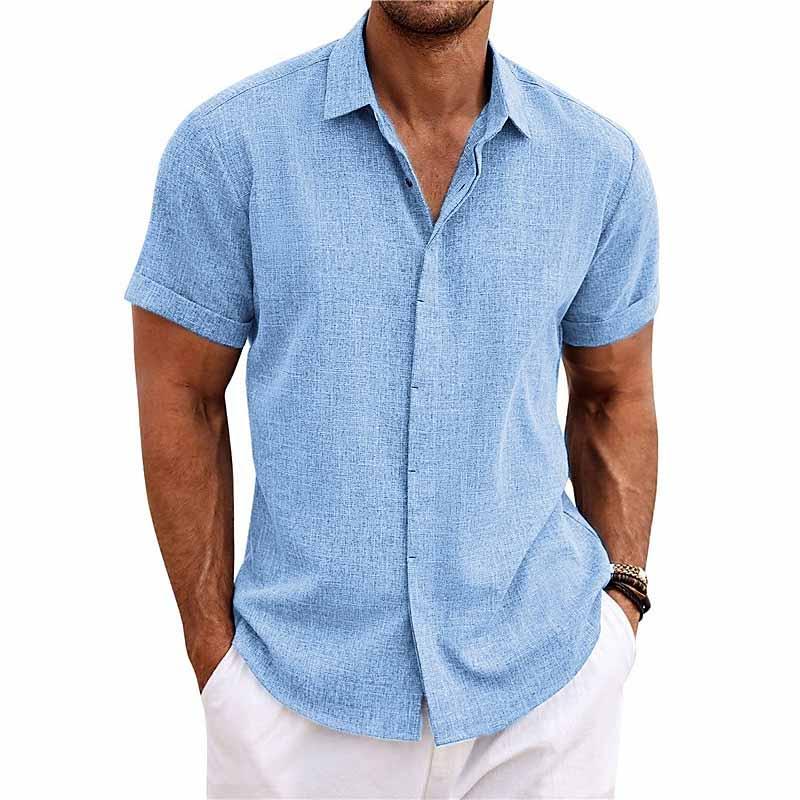 "Chemise homme en lin et coton, manches courtes, col uni, estivale, couleurs variées, élégante et légère pour l'été"