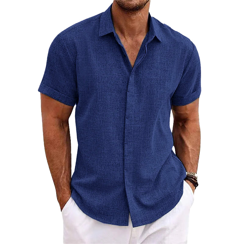 "Chemise homme en lin et coton, manches courtes, col uni, estivale, couleurs variées, élégante et légère pour l'été"