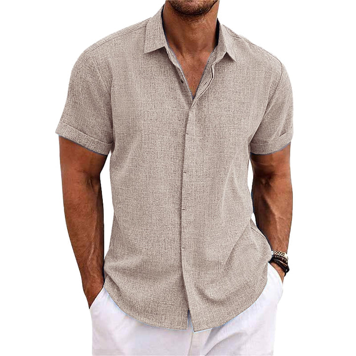 "Chemise homme en lin et coton, manches courtes, col uni, estivale, couleurs variées, élégante et légère pour l'été"