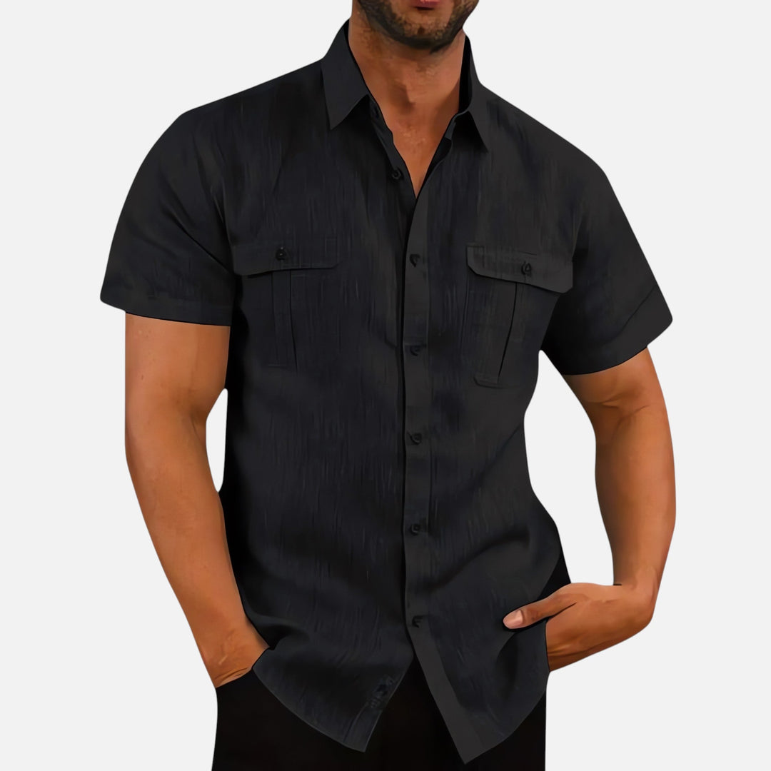 "Chemise homme en lin et coton manches courtes, élégance estivale et confort décontracté, coupe moderne chic"