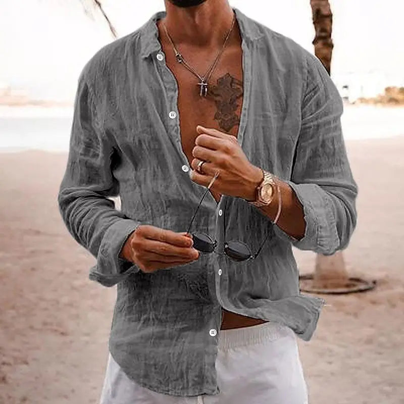 "Chemise homme en lin léger, blanche, manches longues, col rabattable, idéale pour l'été et occasions décontractées."