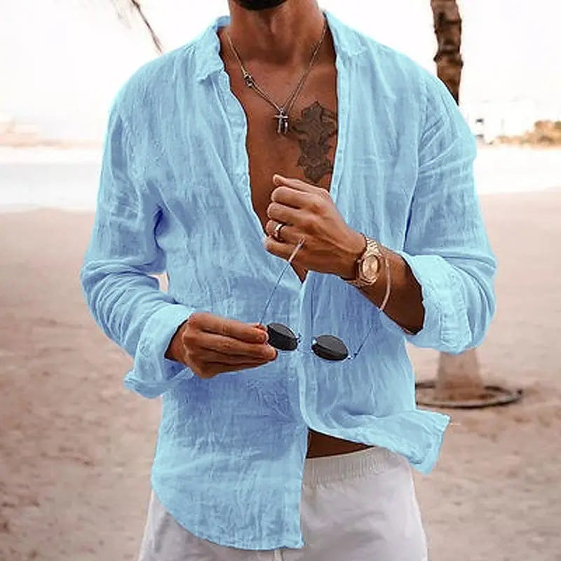 "Chemise homme en lin léger, blanche, manches longues, col rabattable, idéale pour l'été et occasions décontractées."