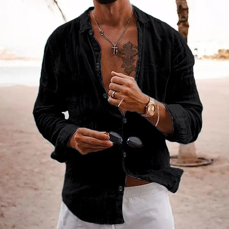 "Chemise homme en lin léger, blanche, manches longues, col rabattable, idéale pour l'été et occasions décontractées."