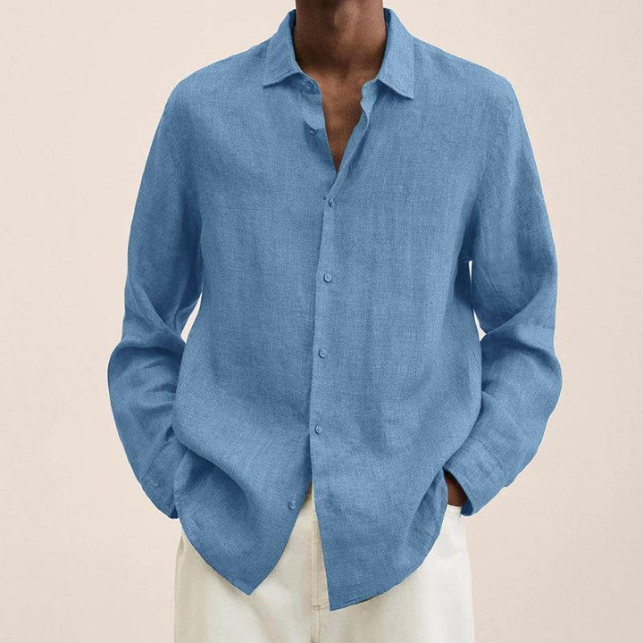 "Chemise homme en lin, respirante, coupe ajustée, col craquant, élégante et confortable pour occasions formelles et décontrac