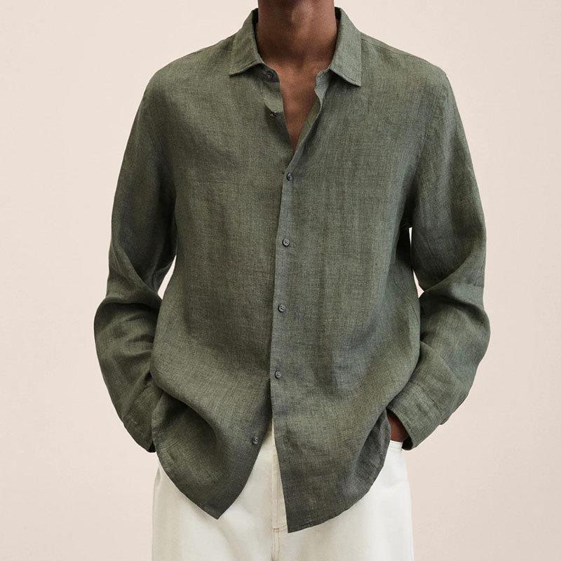 "Chemise homme en lin, respirante, coupe ajustée, col craquant, élégante et confortable pour occasions formelles et décontrac