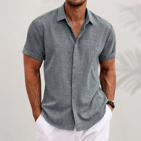 Chemise homme manches courtes, style décontracté, design moderne, coton et lin, parfaite pour été, légère et élégante.