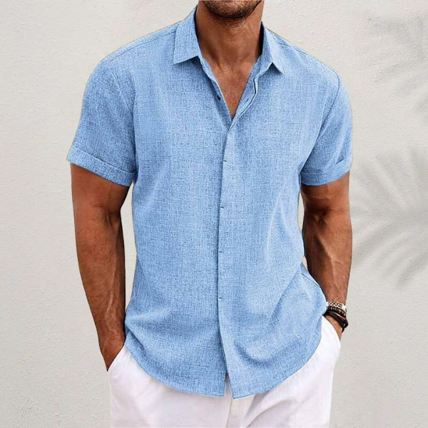 Chemise homme manches courtes, style décontracté, design moderne, coton et lin, parfaite pour été, légère et élégante.