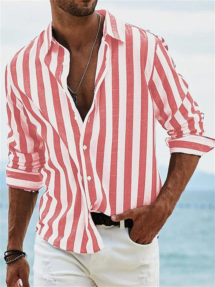 "Chemise homme rayée décontractée bleu-blanc, lin et coton, manches courtes, style estival chic"