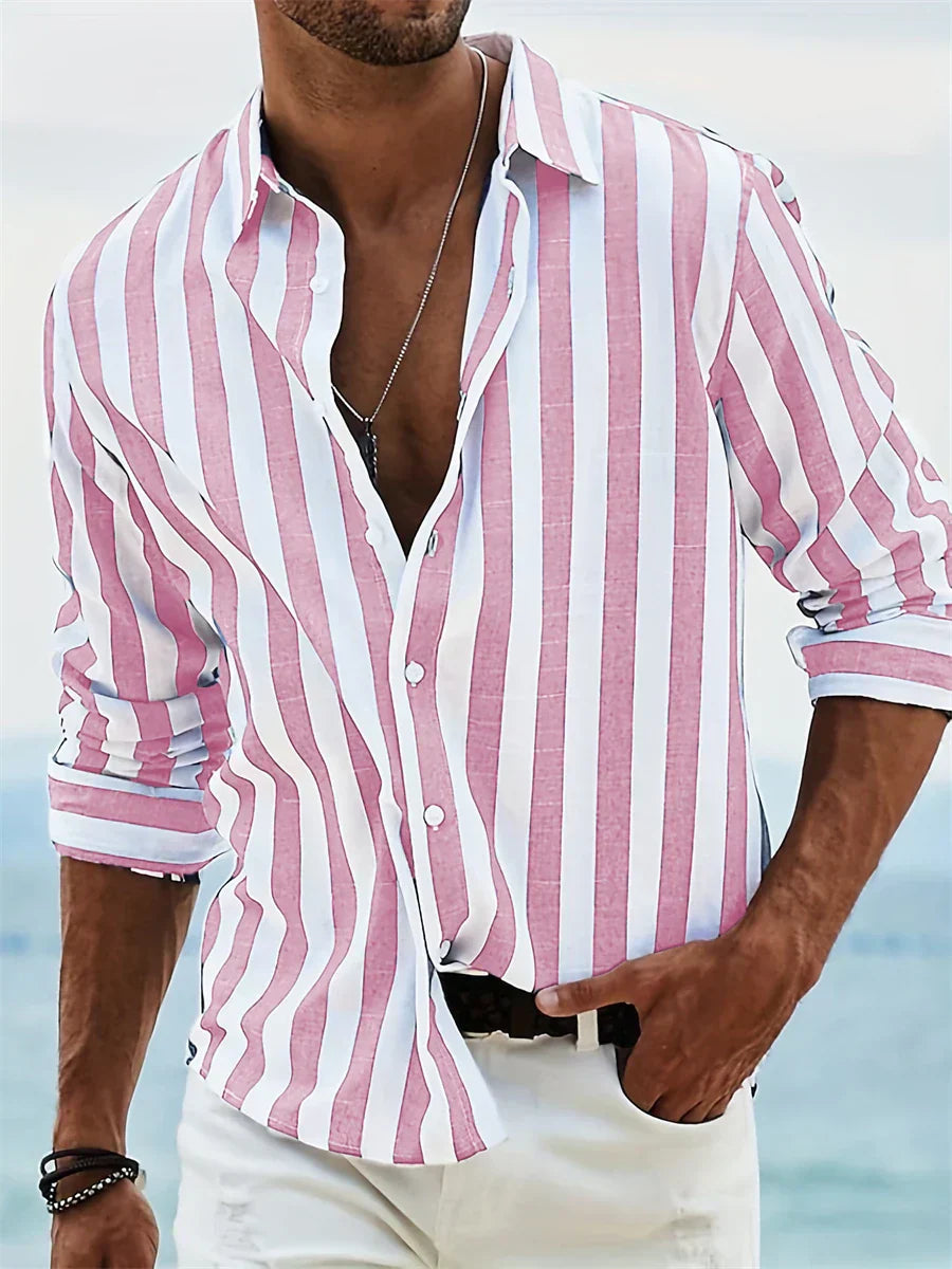 "Chemise homme rayée décontractée bleu-blanc, lin et coton, manches courtes, style estival chic"