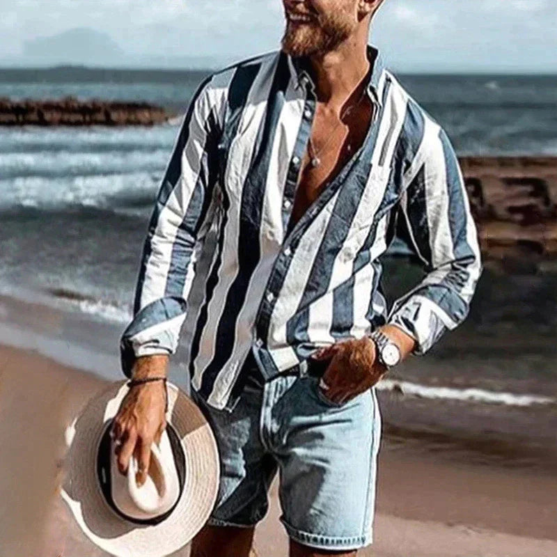 "Chemise homme rayée moderne, coupe décontractée, élégance intemporelle et polyvalence pour toutes occasions."