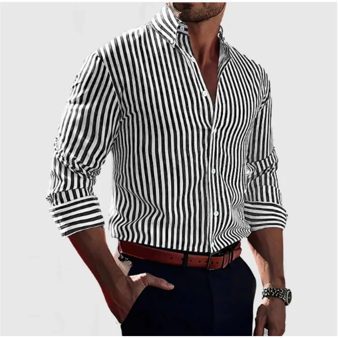 "Chemise homme rayée moderne, manches longues, tissu léger et respirant, parfaite pour les journées chaudes et occasions spéc