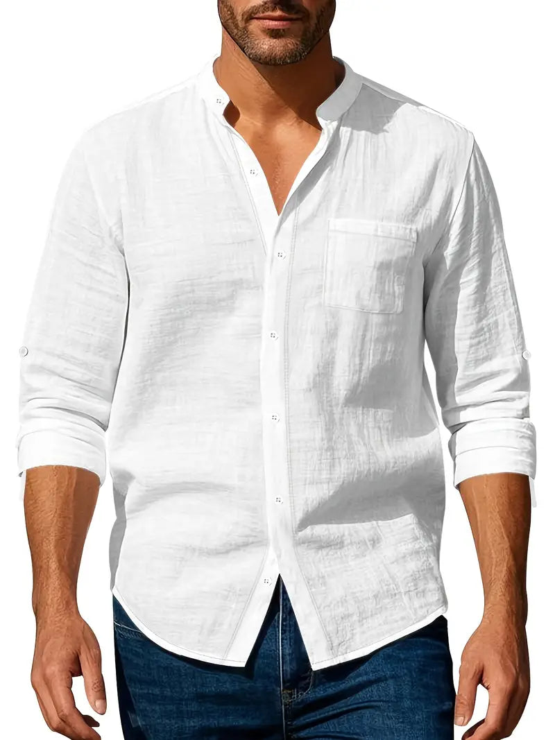 "Chemise légère en lin pour homme, respirante, élégante, idéale pour l'été, coloris classique, manches longues."